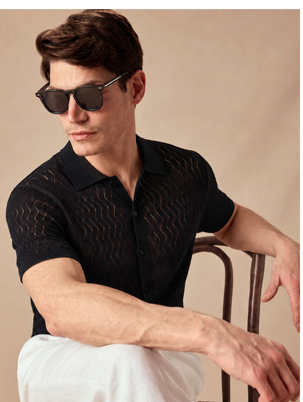 Midnight Navy Button Through Zig Zag Stitch Polo Shirt