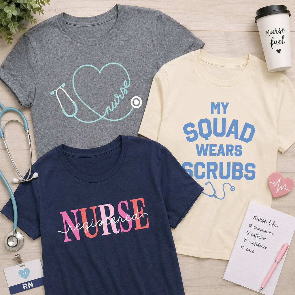 Nurses Day-Styled with Purpose: Three graphic t-shirts displayed with stethoscope, coffee mug, and nurse accessories on wood background.