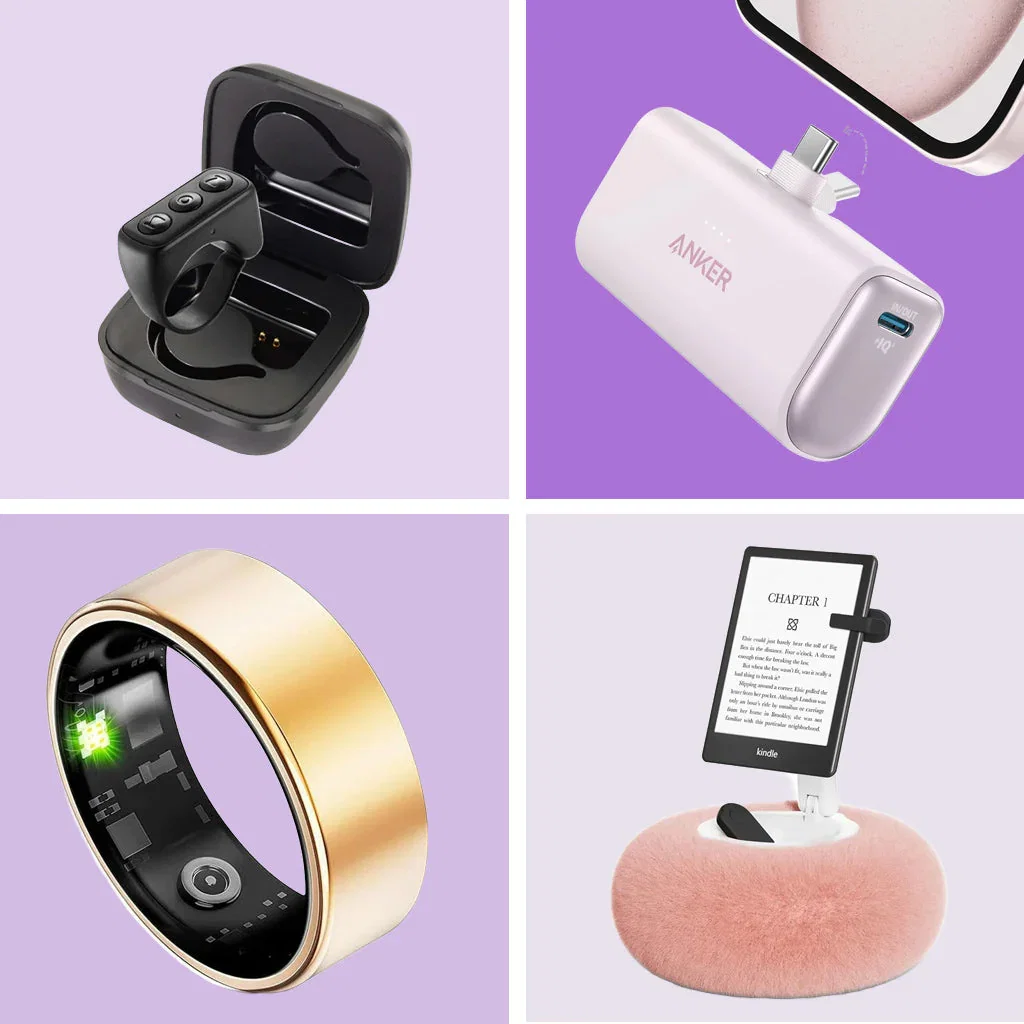 Tech Upgrade Week collection featuring wireless earbuds, portable charger, smart ring, and e-reader with fuzzy stand.