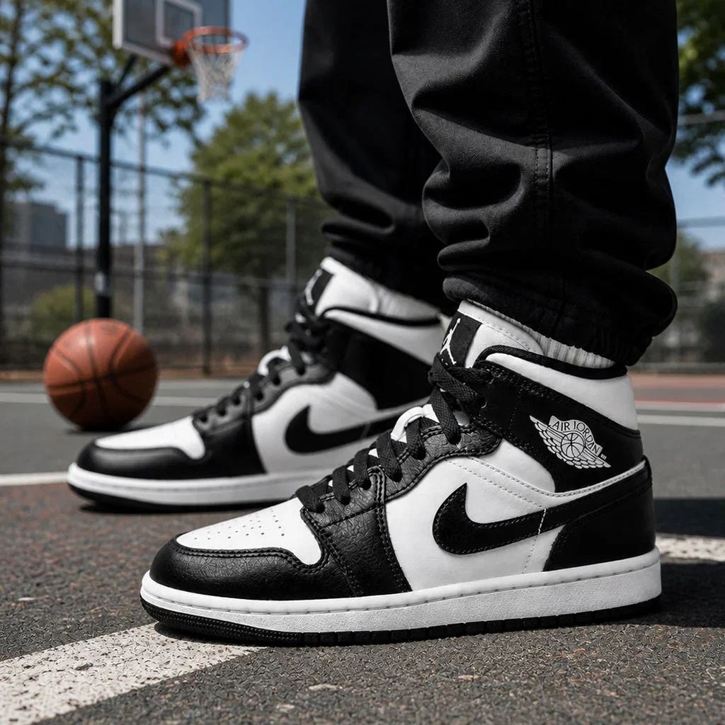 Classic Air Jordan 1 black and white sneakers worn on a basketball court with a ball and hoop in the background.