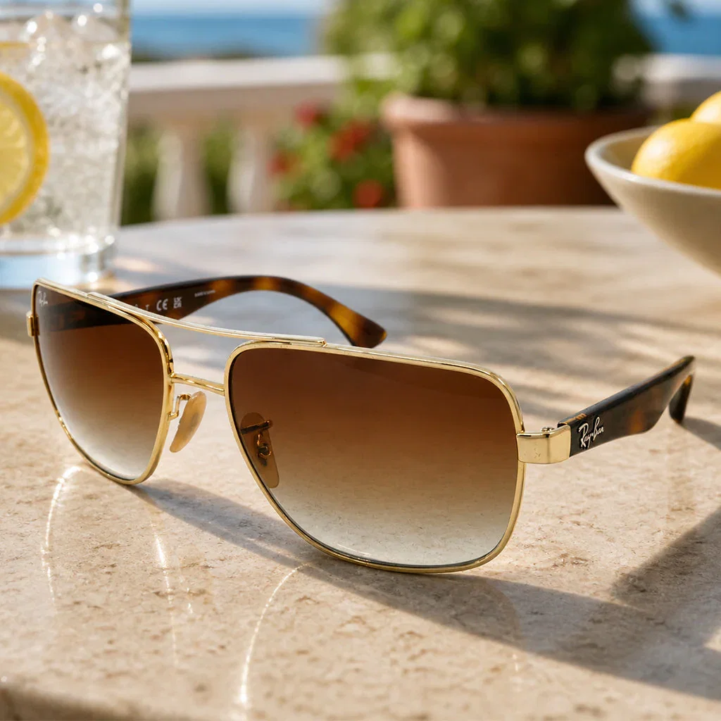 Ray-Ban aviator sunglasses with gold frames on a sunny terrace with lemon water and potted plants in background