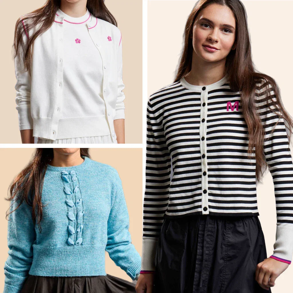 MiJN girls' cardigan collection featuring white, striped, and turquoise knit styles with decorative details and button fronts.