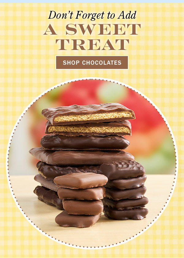 Don't Forget to Add a Sweet Treat. Shop Chocolates. Original Milk or Dark Chocolate Graham Crackers, 12 Ounce Bag, Mini Chocolate Graham Crackers, 12 Ounce Bag