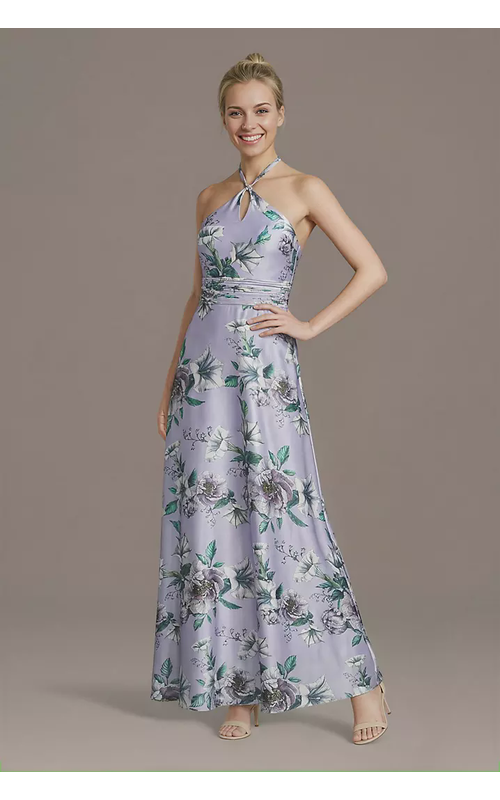 Floral Charmeuse Halter A-Line Dress