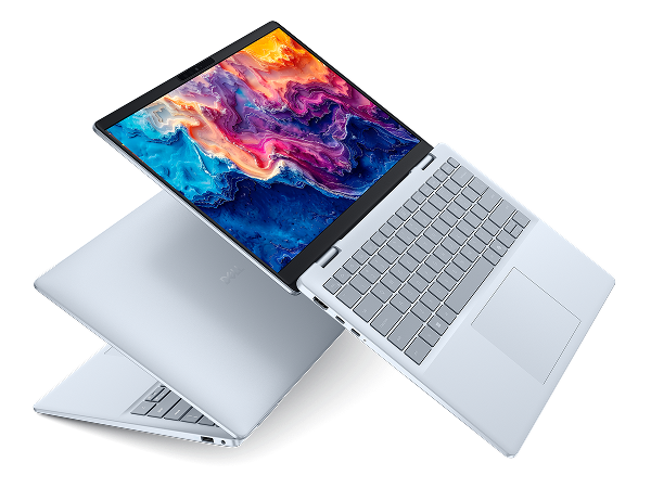Two Dell 14 Plus Laptop computers arranged with one partially opened and the other floating in midair, fully opened above it.