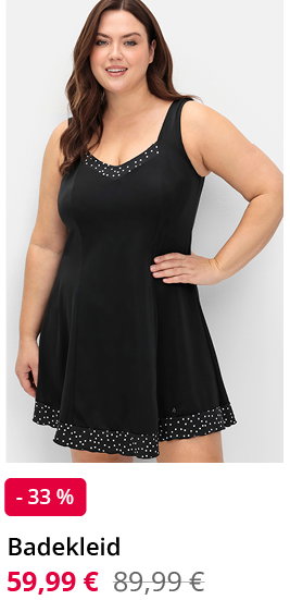 Model in schwarzem Badekleid mit Pünktchensaum, reduziert von 89,99 € auf 59,99 €