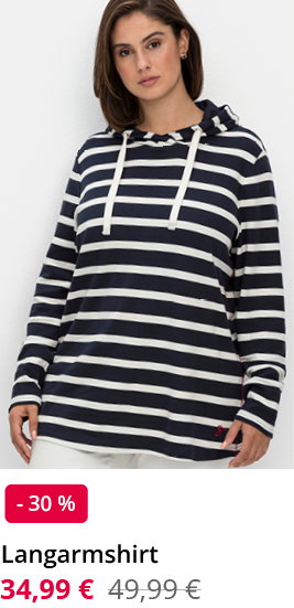 Model in schwarzweiß gestreiftem Langsarmshirt mit Kapuze, reduziert von 49,99 € auf 34,99 €