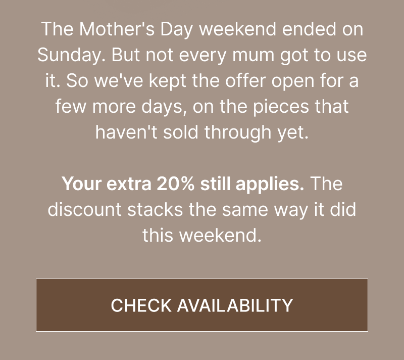 Centered paragraph text on a brown background describing remaining stock and timing, with a rectangular button below