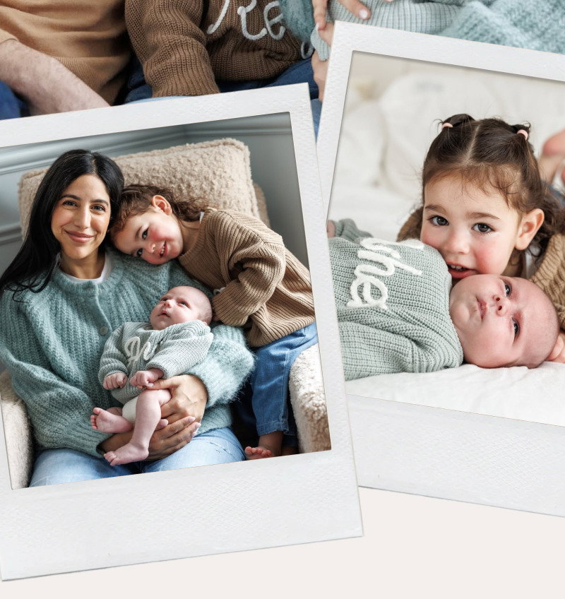 Two polaroid-style photos showing a woman holding a baby and a close-up of two children lying together on soft blankets