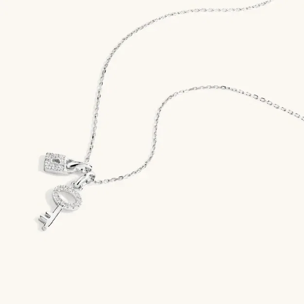 Cubic Zirconia Lock and Key Pendant Necklace in Sterling Silver