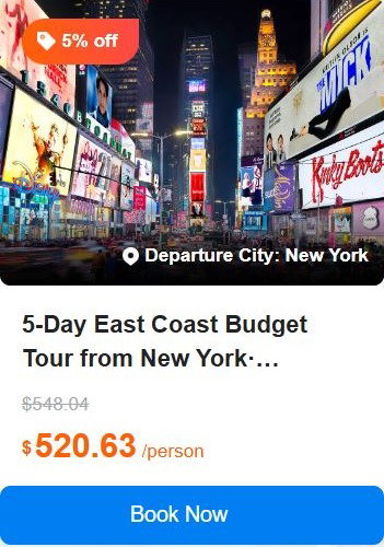 5-Day East Coast Budget Tour from New York· Philadelphia, Washington D.C, Corning, Niagara Falls, Boston 4.8 (55 reviews) Tour Code: 737673