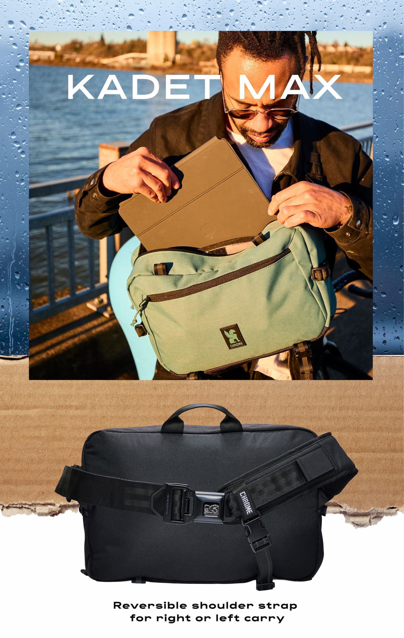 The Kadet Max 15L Sling in Steel Blue worn by a man loading his IPad