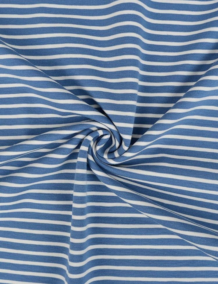 Minerva Core Range Yarn Dyed Stripe Cotton Jersey Stretch Knit Fabric Jeans Blue