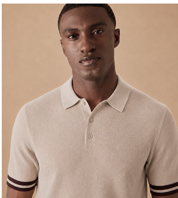 Light Taupe Tipped Textured Rib Knitted Polo Shirt