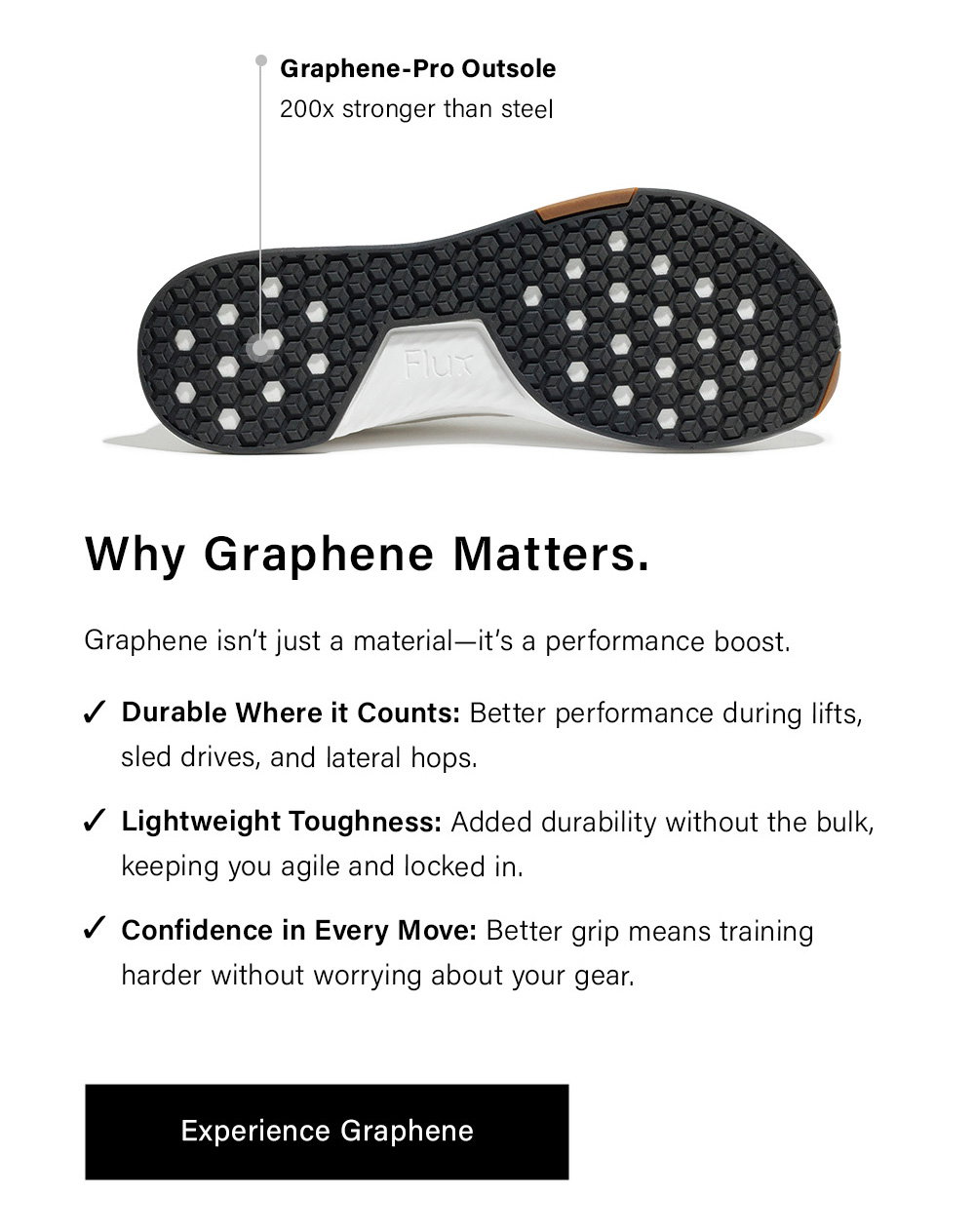 Why Graphene Matters. Graphene isn’t just a material—it’s a performance boost. Durable Where it Counts: Better performance during lifts, sled drives, and lateral hops. Lightweight Toughness: Added durability without the bulk, keeping you agile and locked in. Confidence in Every Move: Better grip means training harder without worrying about your gear. [ Experience Graphene ] 