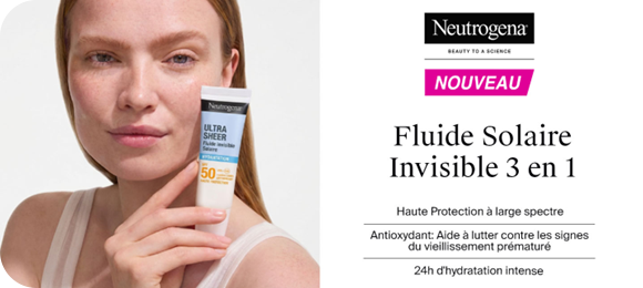 À gauche, une femme à la peau claire tient un tube de crème solaire devant son visage. Le produit affiche "Neutrogena Ultra Sheer" avec "SPF 50". À droite, sur fond gris, logo Neutrogena avec étiquette "NOUVEAU". Titre "Fluide Solaire Invisible 3 en 1". Texte "Haute Protection à large spectre", "Antioxydant : Aide à lutter contre les signes du vieillissement prématuré" et "24h d'hydratation intense"