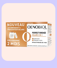 Oenobiol Perfect Bronze complement alimentaire en vedette: capsules pour preparer la peau au soleil et favoriser un bronzage uniforme. Programme de 2 mois mis en avant. Une presentation claire invite a decouvrir les benefices et l’utilisation.