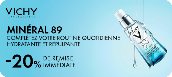 Bannière à fond dégradé bleu avec à gauche le logo « VICHY LABORATOIRES » et le texte « MINÉRAL 89 », suivi de « COMPLÉTEZ VOTRE ROUTINE QUOTIDIENNE HYDRATANTE ET REPULPANTE » et « -20% DE REMISE IMMÉDIATE ». À droite, un flacon transparent incliné « VICHY MINÉRAL 89 » avec liquide et gouttes d’eau visibles autour.