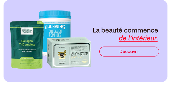 Complements alimentaires pour la beaute de l’interieur en vedette: collagene, capsules et nutriments soutiennent peau, cheveux et bien-etre. Le message souligne une approche globale, avec le bouton « Découvrir » invitant a decouvrir les produits adaptes.