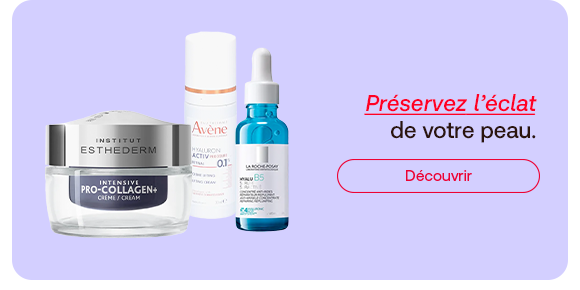 Soins visage de Avène, La Roche-Posay et Institut Esthederm en vedette: serum, creme et hydratation pour une peau eclatante. Le message « Préservez l’éclat de votre peau » et le bouton « Découvrir » invitent a decouvrir des soins adaptes.
