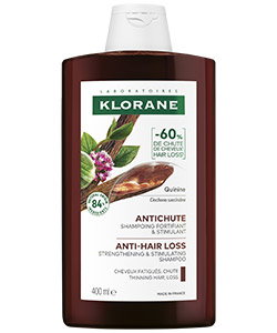 Klorane anti-hair loss strengthening and stimulating shampoo with quinine, 400ml bottle with plant and seed illustration