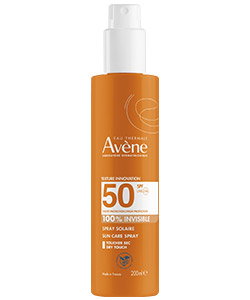 Avène Eau Thermale SPF50+ sun care spray 200ml orange bottle — high-protection invisible sunscreen for face and body