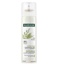 Klorane ultra-gentle dry shampoo aerosol can with green leaf graphic and 99% natural origin label