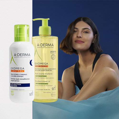 A-DERMA Exomega Control emollient night cream and shower oil bottles beside a relaxed woman on a blue backdrop, skincare product shot