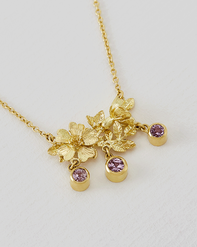 In-line Necklace With Dog Roses and Leaves with 3 Bezel Set Sapphires