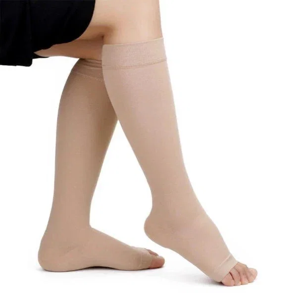 Open Toe Compression Socks 20-30 mmHg Knee High Toeless Stockings - S/M / Beige