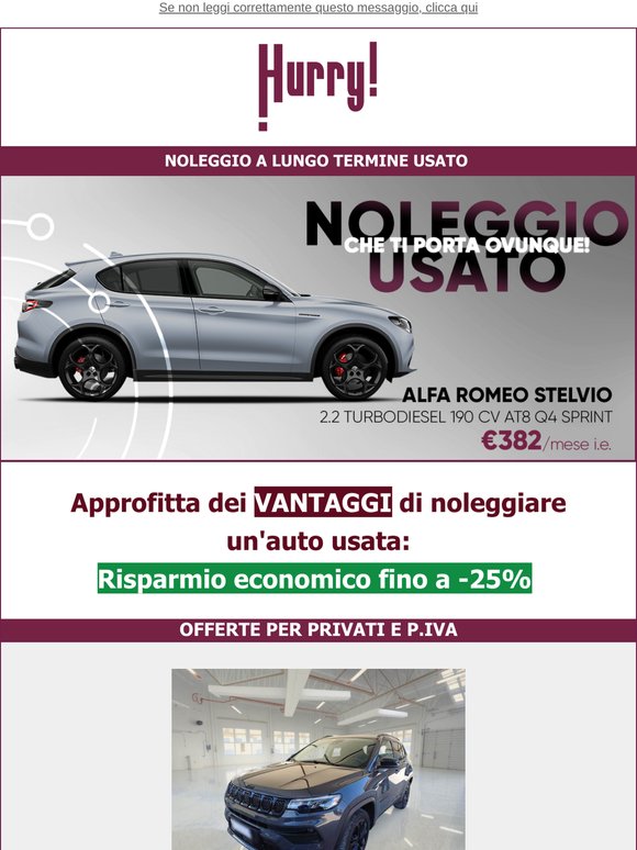 💲FINO al -25% sul NOLEGGIO DI UN' AUTO USATA: Stelvio, CX-60, A6 Avant, e tante altre!