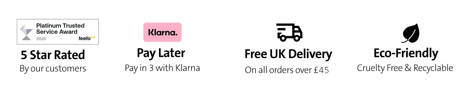 a footer with Feefo, Klarna, Free Delivery and Eco Friendly icons