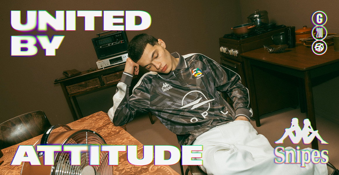 A man in Kappa clothings sitting around the table, text saying "United by attitude", Kappa and Snipes Logo