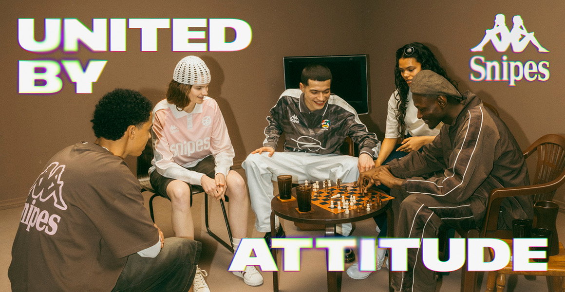 people in Kappa clothings sitting around the table, text saying "United by attitude", Kappa and Snipes Logo