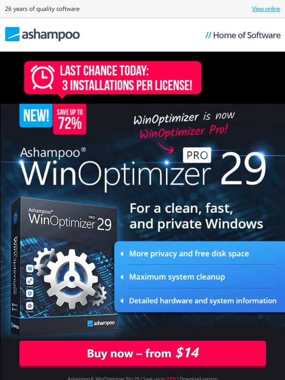 Out Now: Save up to 72% - Ashampoo WinOptimizer Pro 29