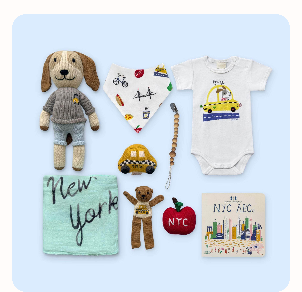 Baby New Yorker Gift Set full contents flat-lay showing all nine pieces