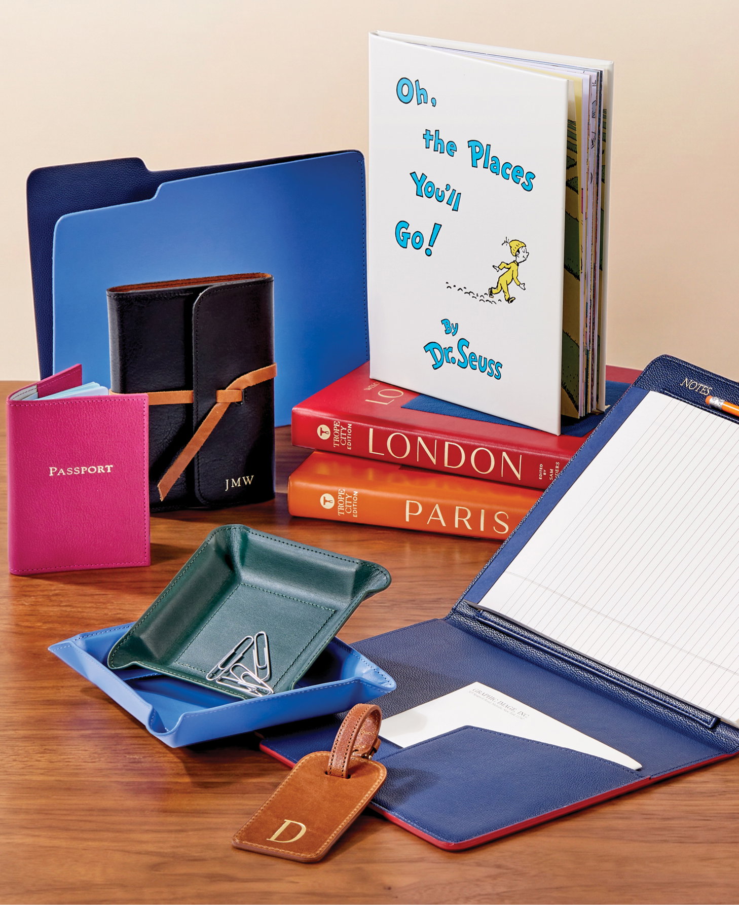 Leather-bound books and other leather goods, such as journals and travel accessories.
