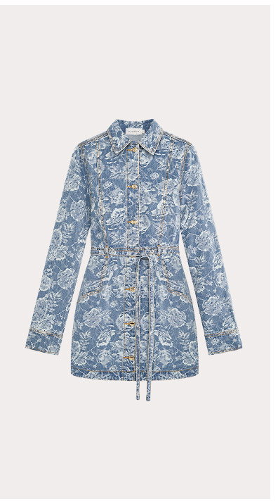Button Through Floral Denim Dress with Tie Waist