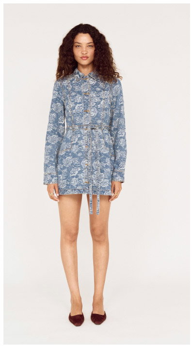 Button Through Floral Denim Dress with Tie Waist