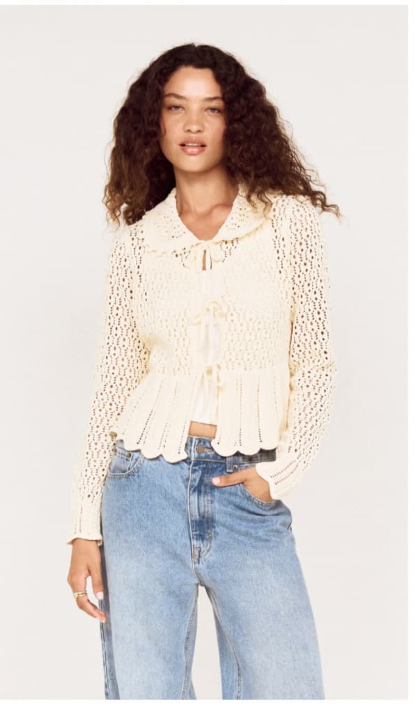 Cream Pointelle Knit Cardi with Tie Front