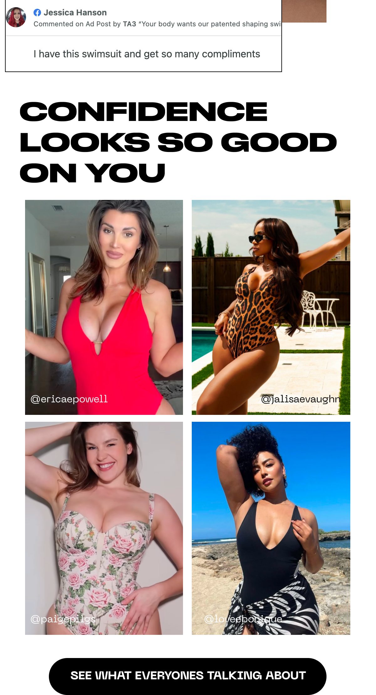 Collage of women in swimsuits with text: Confidence looks so good on you.