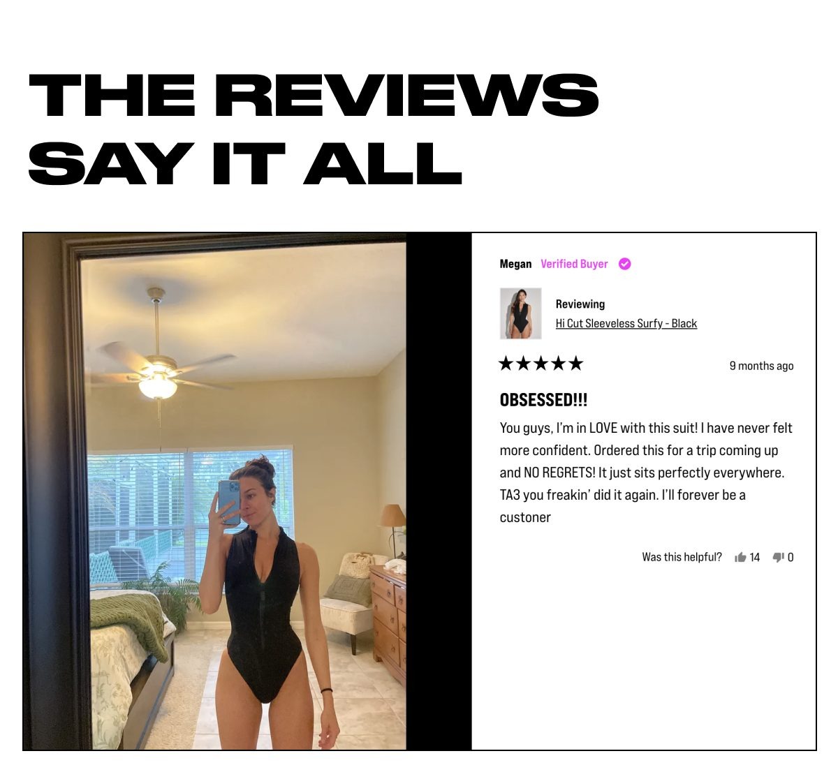 A woman in a floral swimsuit with a review praising the swimwear's fit and comfort.
