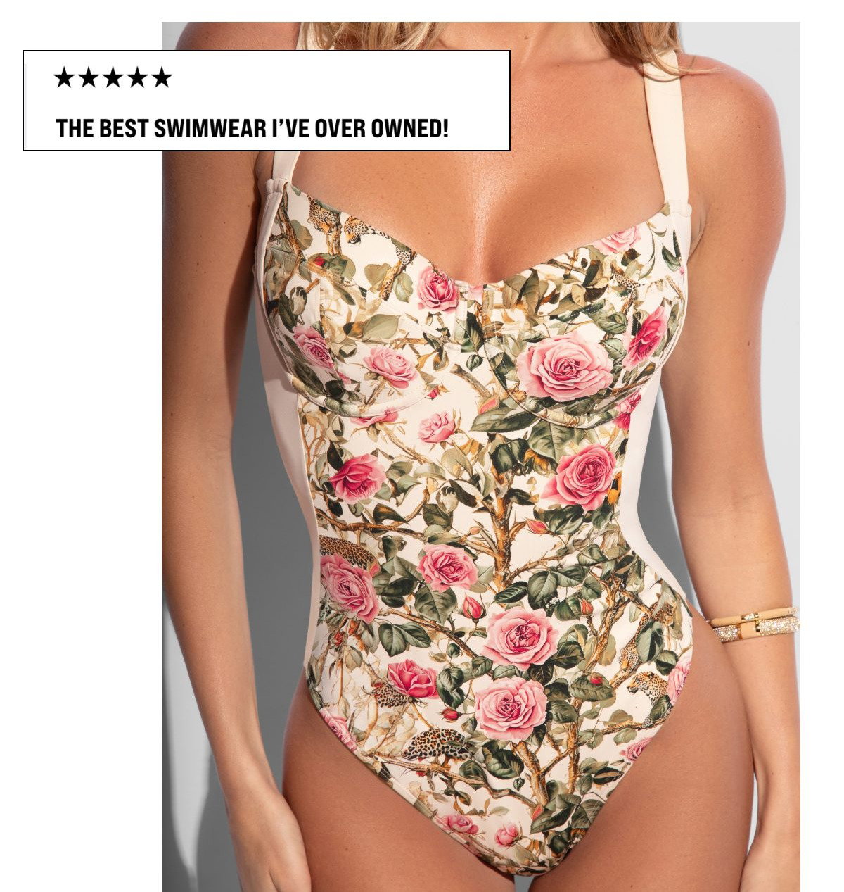 A woman in a floral swimsuit with a review praising the swimwear's fit and comfort.