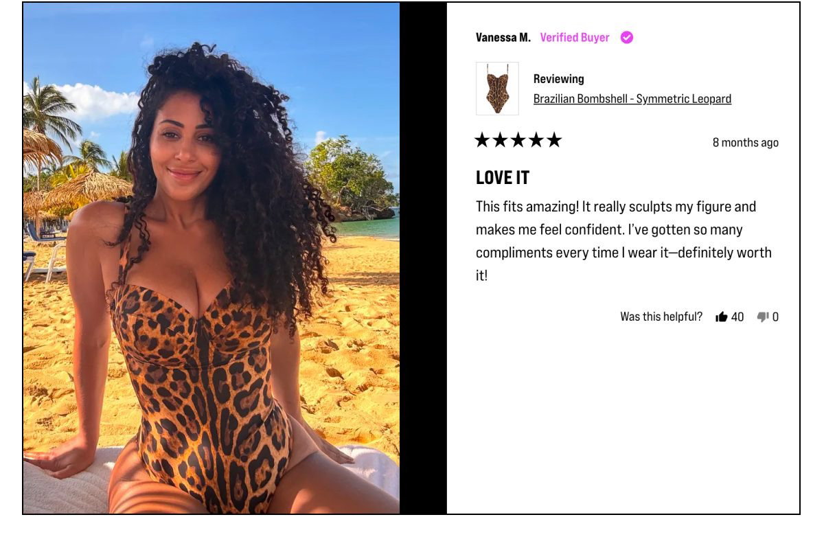 Two reviews praising a swimsuit, one with a photo of a woman in a swimsuit on the beach.
