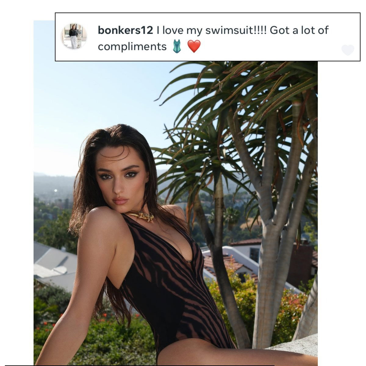 Two reviews praising a swimsuit, one with a photo of a woman in a swimsuit on the beach.