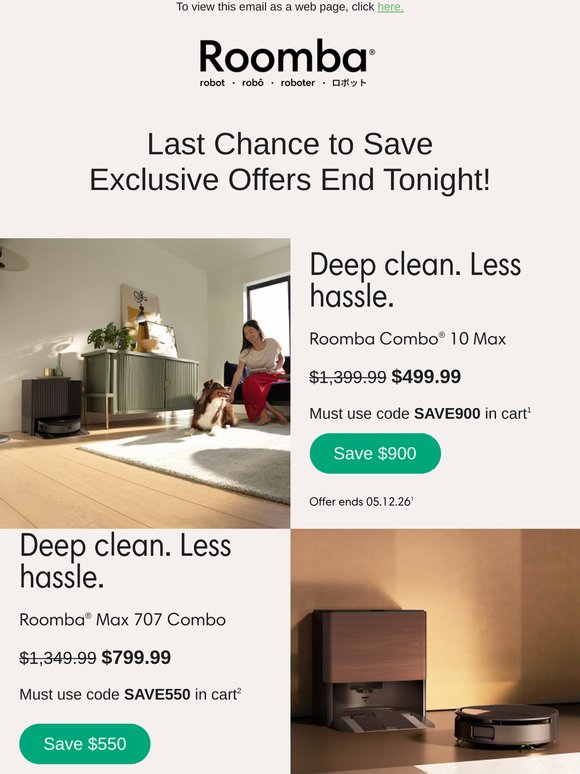 $900 off the Roomba Combo® 10 Max ends tonight!