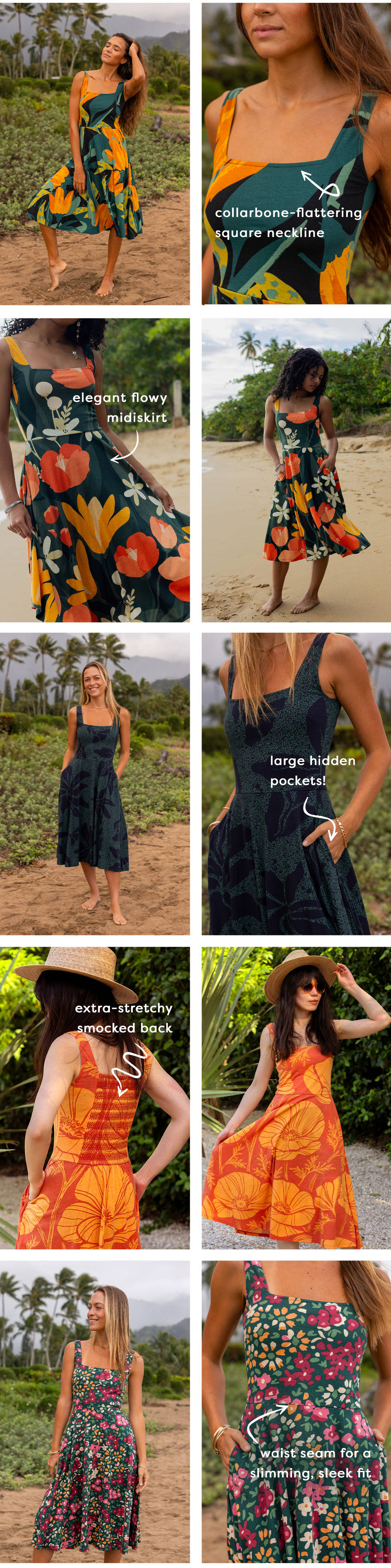 flattering neckline, flowy midiskirt, smocked back