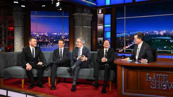 The Late Show with Stephen Colbert and guests Jimmy Kimmel, Jimmy Fallon, John Oliver, and Seth Meyers during Monday's May 11, 2026 show.