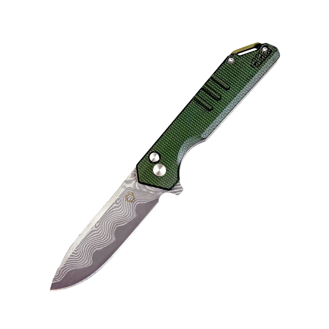 Image of SIXLEAF SL-52 FOLDING KNIFE 3.15" Damascus ACID ETCHED BLADE GREEN MICARTA HANDLE EDC