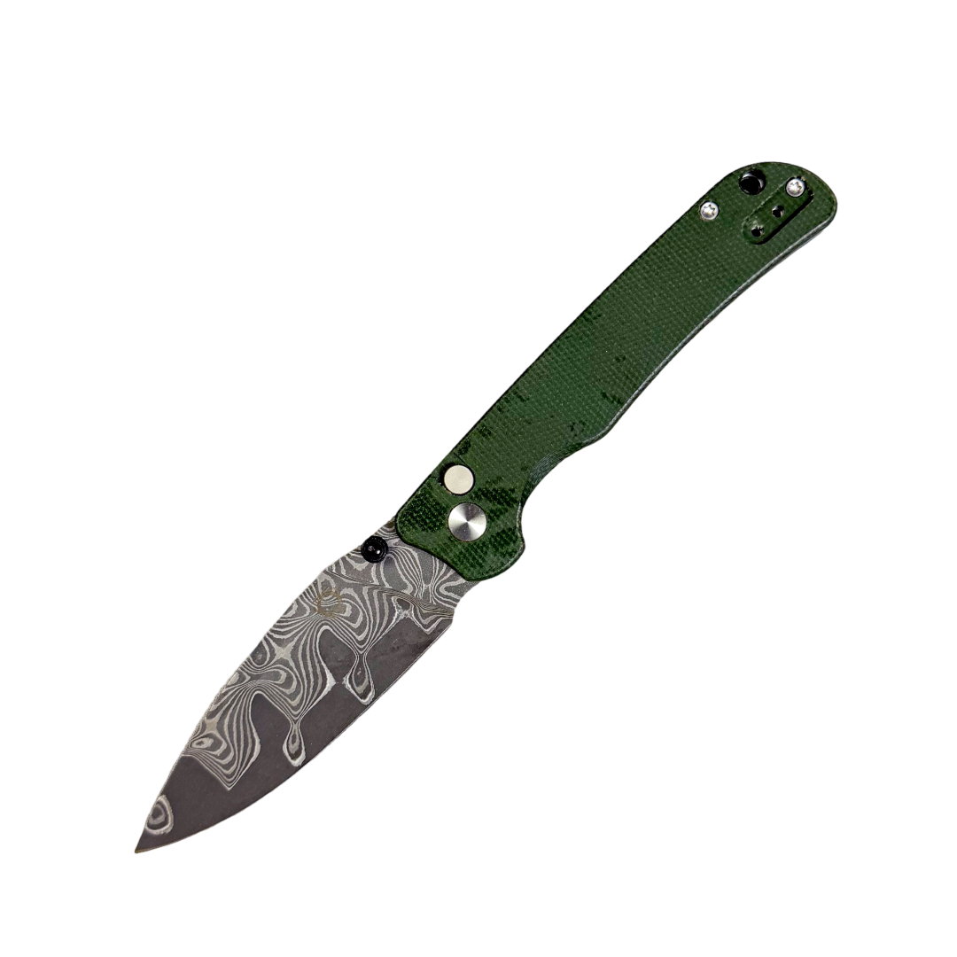 Image of SIXLEAF SL-59 FOLDING KNIFE 3.15" Damascus ACID ETCHED BLADE GREEN MICARTA HANDLE EDC